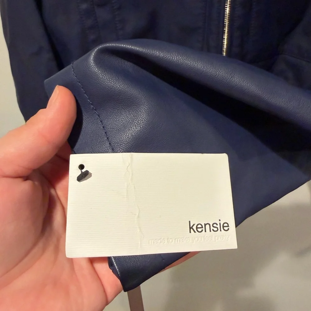 Kensie French Navy Faux Leather Bomber Jacket Large NWT